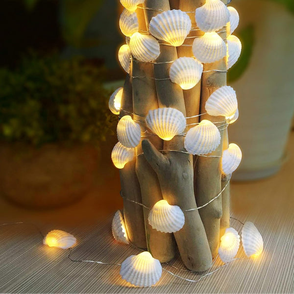 Natural Beach Seashell String Lights 13.85 Ft 40 Warm White LED Battery Operated Ocean Lights