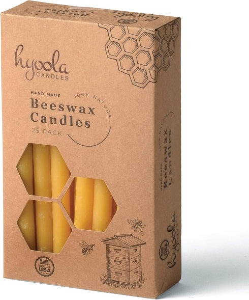 Hyoola 25 Pack Thin Beeswax Taper Candles - Handmade, 100% Pure Scented Bee Wax Candle - 6” Tall, Golden Yellow