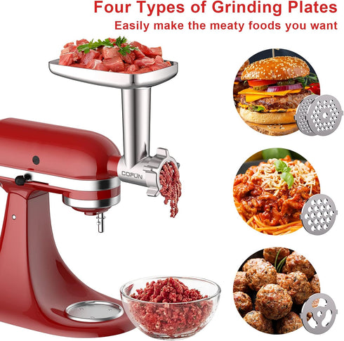 Metal Meat Grinder Attachment for KitchenAid Mixers, Includes 4 Grinding Plates, 3 Sausage Tubes