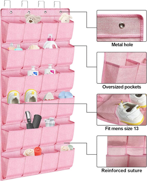 Pink Over the Door Shoe Organizer for Girls, Women, Kids Room | Hanging Rack with 24 Large Pockets & 4 Sturdy Hooks