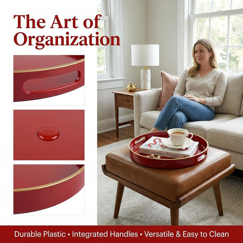 13" Round Decorative Tray, Red Serving Tray with Handles, Plastic Coffee Table Tray for Ottoman, Living Room, Bathroom