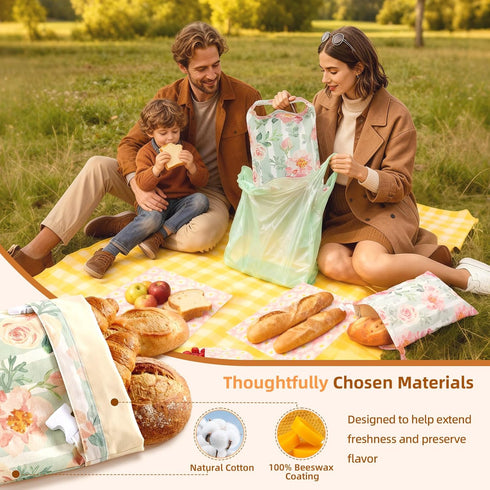 Nobineck 2 Pack 2 Beeswax Bread Bags for Homemade Bread, Includes Wraps, Reusable Organic Cotton Storage for Sourdough