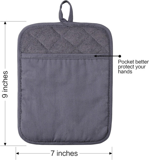 100% Cotton with Silicone Kitchen Pot Holder - Heat Resistant Coaster Potholder Oven Mitts Set of 2, Grey