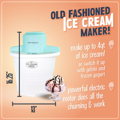 Nostalgia Electric Ice Cream Maker, Parlor Style, Old Fashioned Soft Serve Machine, 4 Quart