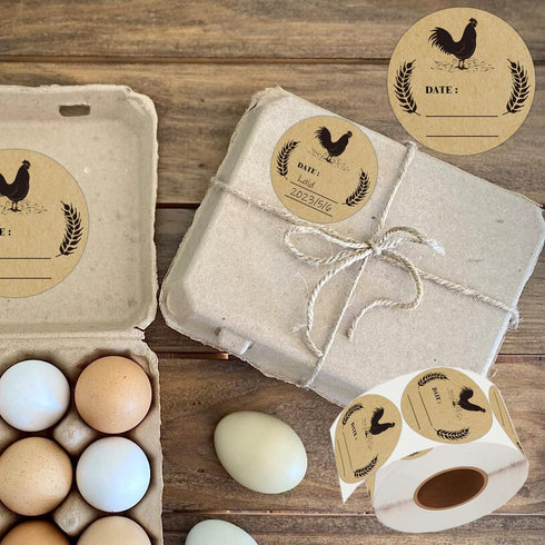 500pcs Farm Chicken Egg Labels, 2 inch Round Natural Brown Kraft Washed Egg Carton Labels for Kitchen, Crafts,