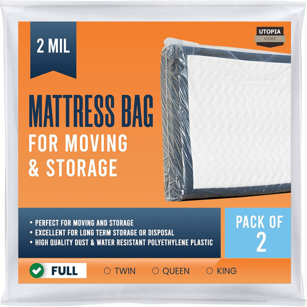 Utopia Home Mattress Bag for Moving Full Size (Pack of 2) - 2 Mil Thick Plastic Mattress Cover, Fits Mattresses up to