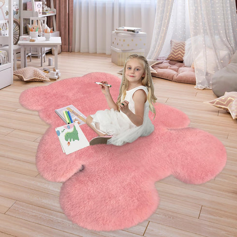 4.6x6 ft Pink Bear Soft Fluffy Large Rug, Shaggy Faux Sheepskin Fur