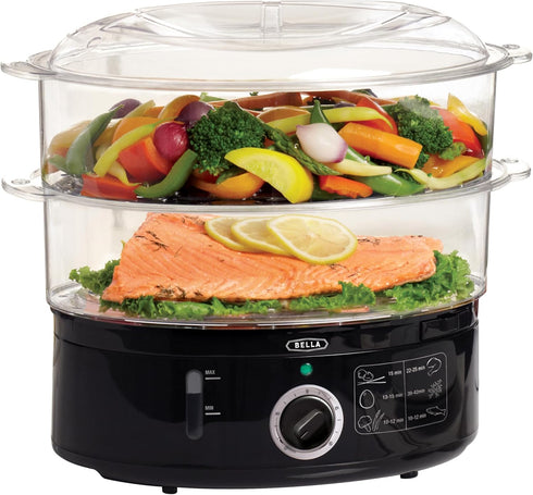 BELLA Two Tier Food Steamer, 7.4 QT, Stainless Steel, Stackable Baskets & Dishwasher Safe Lids