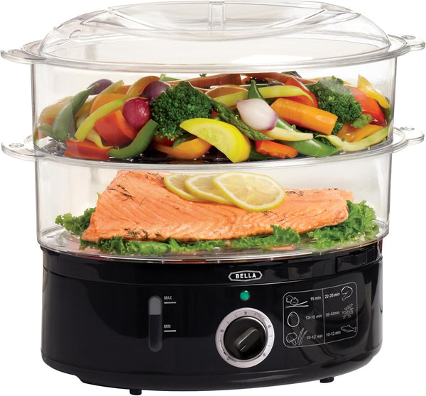 BELLA Two Tier Food Steamer, 7.4 QT, Stainless Steel, Stackable Baskets & Dishwasher Safe Lids