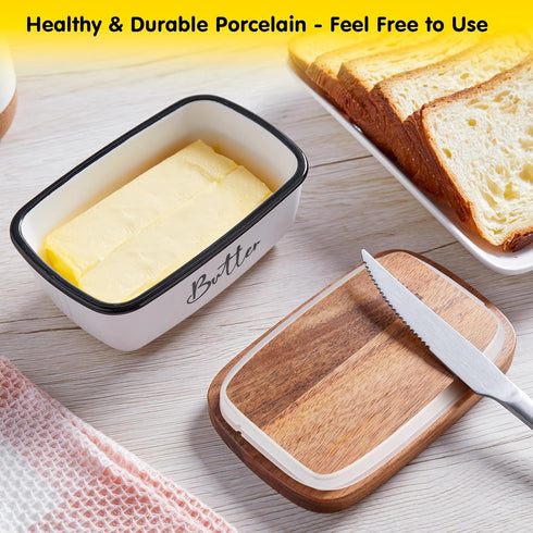 Countertop, Butter Dish with Lid, ALELION Large Ceramic Butter Dish for Butter Keeper with Thick Acacia Wood Lid