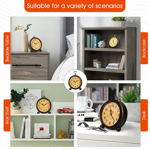 Battery Alarm Clock - Vintage Hangable Night Light, Super Silent Non-Ticking Analog Table Clock