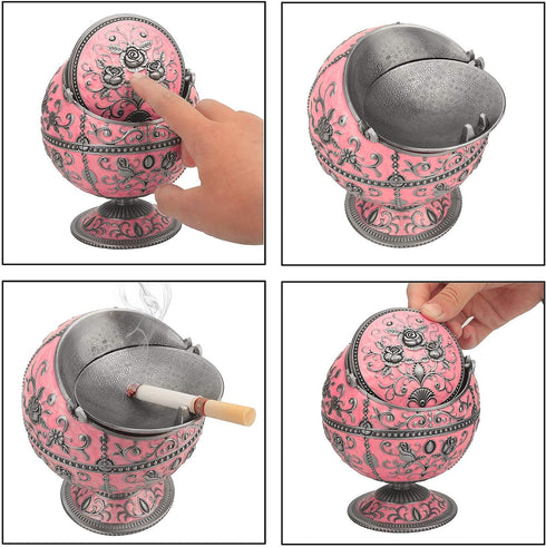 Windproof Ashtray with Lid for Cigarettes, Portable Metal Cigar Ashtray with Hand Stamped Rose Pattern