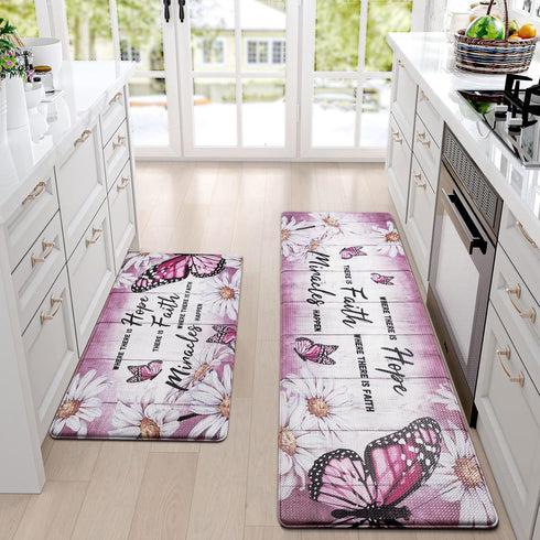 Likiyol Butterfly Kitchen Rugs, Set of 2 Anti Fatigue Mats for Kitchen Floor, Non-Slip Washable Daisy Floral Pink