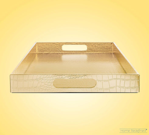 17.5"x12" Home Redefined Gold Glossy Crocodile Faux Leather Serving Tray Beautiful Modern Elegant Decorative Tray