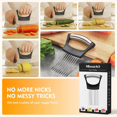 MbsaAO Onion Holder for Slicing, Stainless Steel Onions Slicer with Protective Cover, Vegetable Chopper Onion Slicer