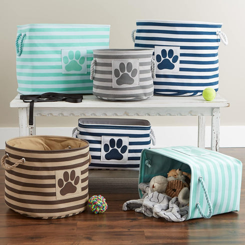 Bone Dry Pet Storage Collection Large Round Bin with Striped Paw Patch, Gray
