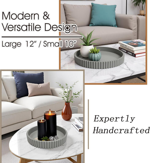 Buecasa 2pcs Set 12"/10" Modern Table Round Decorative Trays Home Decor - Circle Coffee Table Centerpiece - Wooden Cool