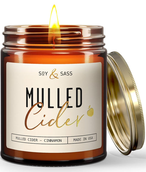 Mulled Cider Candle, Fall Scented Candle with Cinnamon & Nutmeg - Infused with Essential Oils, 9oz Reusable Jar