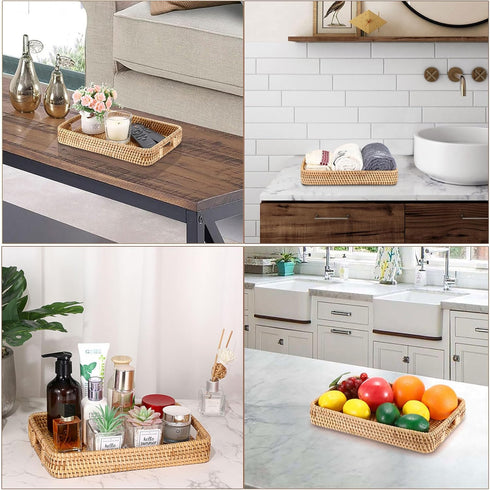 Hipiwe 11.8x7.9x1.8inch Rattan Serving Tray Hand Woven Tray with Handles Rattan Rectangular Basket Trays for Storage