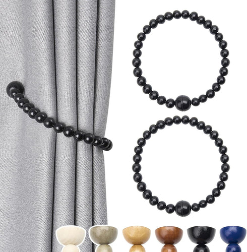 NICEEC 2 Pack Wood Bead Curtain Tiebacks, Strong Magnetic Natural Wooden Beaded Holdbacks for Draperies