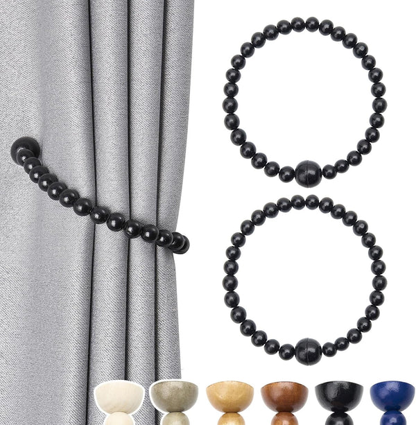 NICEEC 2 Pack Wood Bead Curtain Tiebacks, Strong Magnetic Natural Wooden Beaded Holdbacks for Draperies