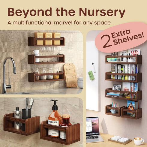 3 2 HOMEY PANDA Wall-Mounted Nursery Bookshelves - Long + Mini Shelves, Kids Room Storage (Walnut Pine Wood)