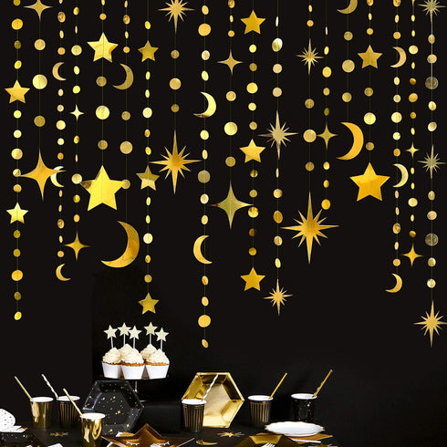 Gold Star Moon Circle Dot Garland Party Decorations Kit, Hanging Crescent & Twinkle Star Streamer Banner