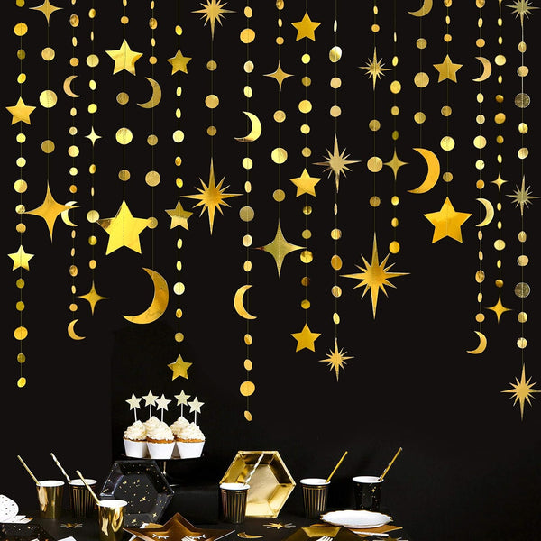 Gold Star Moon Circle Dot Garland Party Decorations Kit, Hanging Crescent & Twinkle Star Streamer Banner