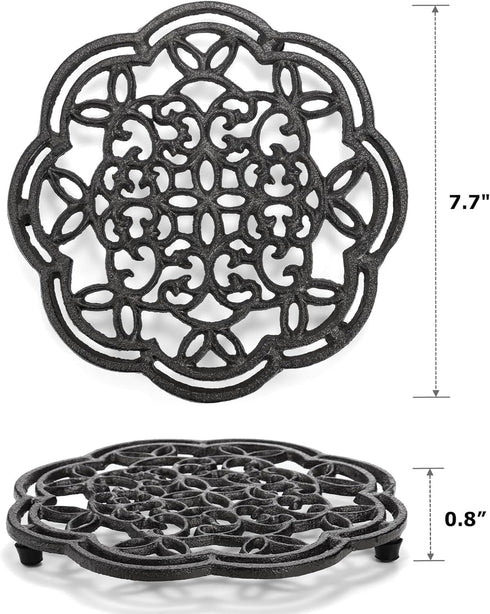 Yopay 2 Pack Cast Iron Trivet Heavy Duty, 7.7 inch Round Metal Trivet for Hot Pans or Teapot, Rustproof Pot Stands Holders with Rubber Pegs for Countertop, Dining Table, Kitchen Farmhouse Decoration by Yopay