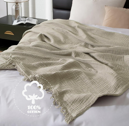 KyraHome 100% Organic Cotton Muslin Blankets, 50"x60" Lightweight Plant-Dyed Throw Blanket (Oatmeal Khaki)
