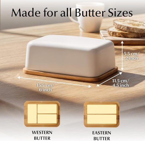 Countertop, 2 MIAMIO - Ceramic Butter Dish with Lid for Holds Sticks of Butter/Butter Holder and Container with Bamboo
