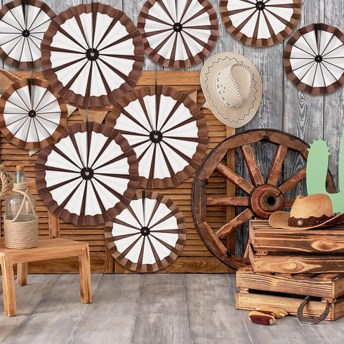 Outus 9 Pcs Wagon Wheel Decorations Paper Fans for Western Cowboy Themed Classroom Party Decor