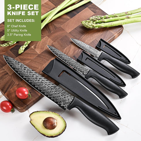 3 Pcs Kitchen Knife Set with Cover - Black Stainless Steel Knives Set for Cooking, Sharp Cutting Knives
