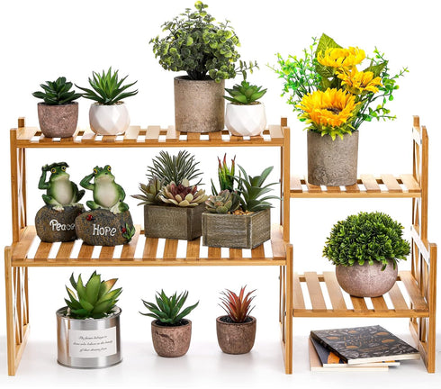 2 Lawei Tier Bamboo Tabletop Plant Stand, Adjustable Flower Pot Holder Shelf Planter Display Stand, Small Desktop