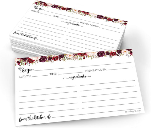 321Done Recipe Cards (Set of 50) Small Floral 3" x 5" - Double-Sided for Weddings, Made in USA - Watercolor Red Roses