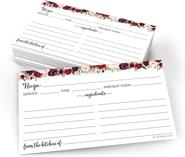 321Done Recipe Cards (Set of 50) Small Floral 3" x 5" - Double-Sided for Weddings, Made in USA - Watercolor Red Roses