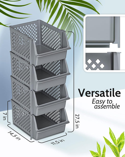 Skywin TidyFriend Stackable Storage Bins - 4-Pack for Organizing Food, Kitchen, and Bathroom Essentials in Grey