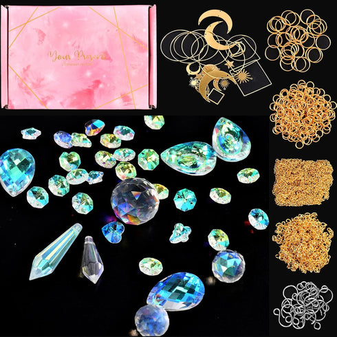 QIKAIDE 370 Pcs Crystal Suncatcher Kits Hanging Chandelier Crystals Prisms Parts Rainbow Maker Pendants for Stained