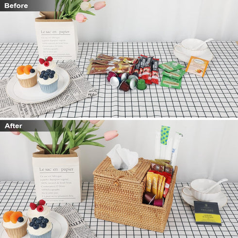 Sumnacon Tissue Box Square Cover with Storage, Rattan Holder with 2 Side Organizer for Bathroom Living Room