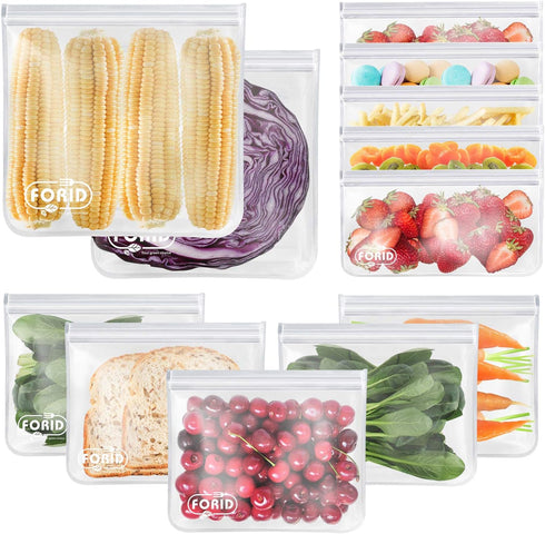 FORID Reusable Storage Bags - 12 Pack Extra Thick Freezer Bags, FDA Grade LEAKPROOF Lunch Bag for Food Storage
