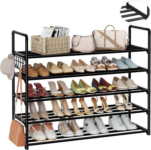 Metal Shoe Organizer,5 Tiers Shoe Storage Shoe Rack with Hooks,Fit 20-25 Pairs,Adjustable