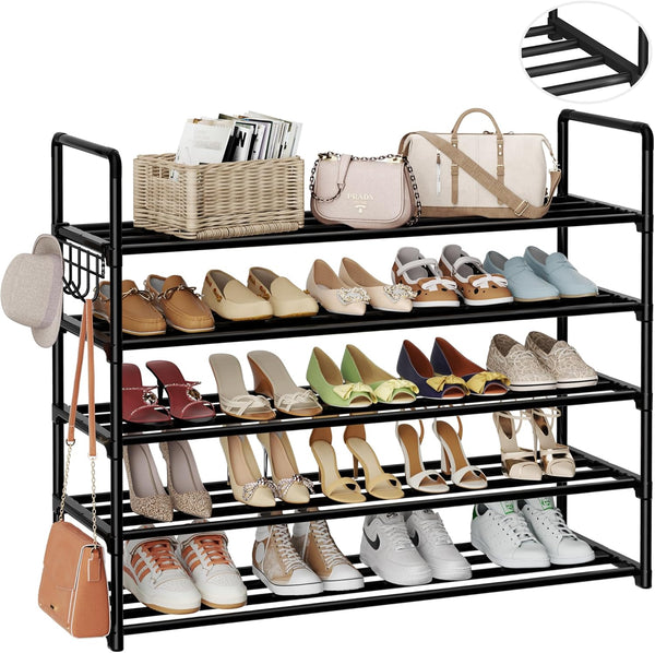 Metal Shoe Organizer,5 Tiers Shoe Storage Shoe Rack with Hooks,Fit 20-25 Pairs,Adjustable