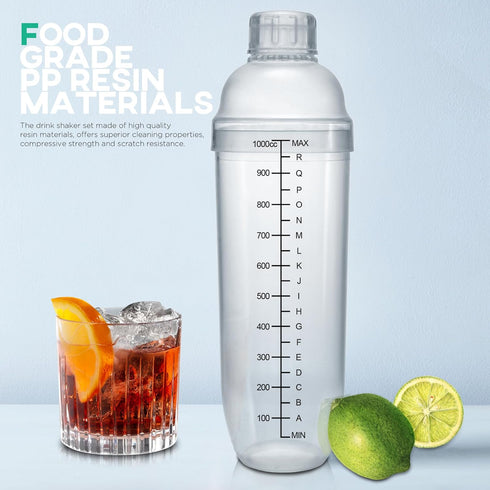 Homestia Plastic Cocktail Shaker with Measuring Jigger Set - 1000cc / 33 oz Clear Plastic Bottle Boba Tea Shaker Cup