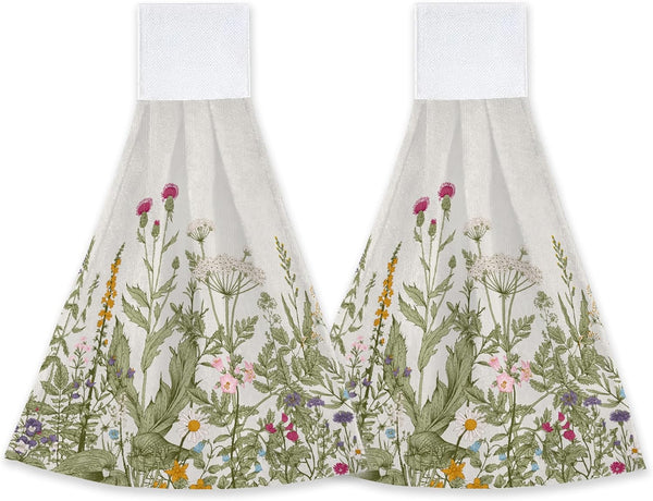 Wild Plant Flower Herbs Hand Towels with Loop, 2 PCS Soft Super Absorbent Kitchen Dish Towels, 12x17 in