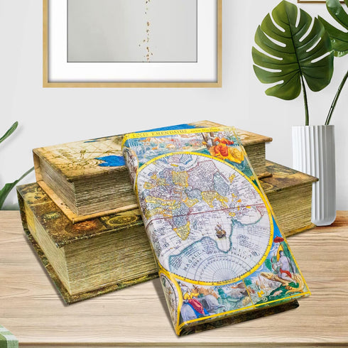 Decorative Book Box Set of 3, Faux Antique Trinket Keepsake Storage Box with Ancient World Map Pattern, Graduation Gift