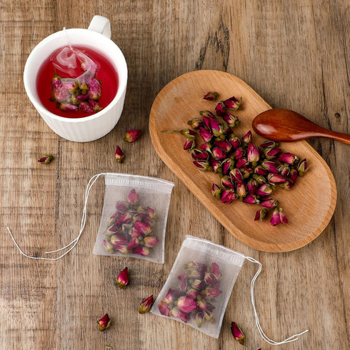 100 Pcs Disposable Loose Tea Bags, Mesh Small Drawstring for Herbs and Spices