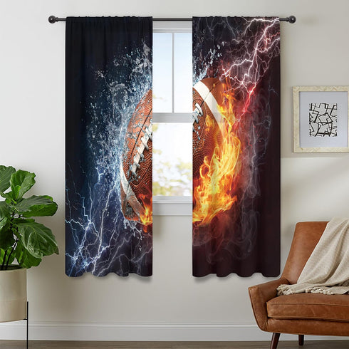 Cinbloo American Football Curtains Sheer Rod Pocket Wall Decor for Kids, Teens Bedroom, Water Flame Football Art