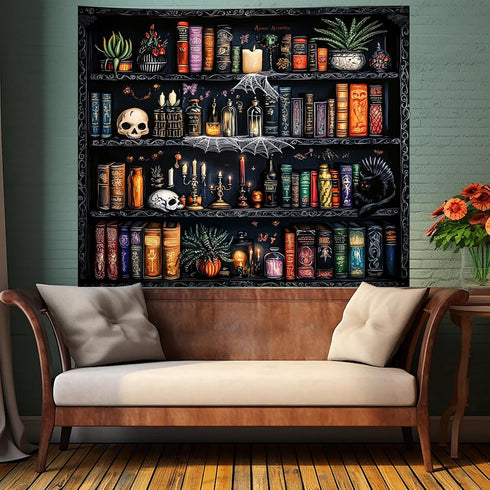 Algasan 78.7 59.1 Inches Magic Bookshelf Tapestry Magical Book Tapestry Gothic Witchy Vintage Library Skull Potion