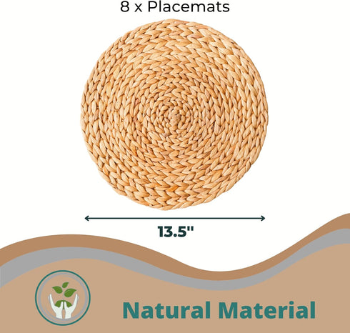 Set of 8 Round Woven Placemats, Natural Water Hyacinth Wicker Placemats, Heat Resistant Non-Slip Table Mats (13.5")