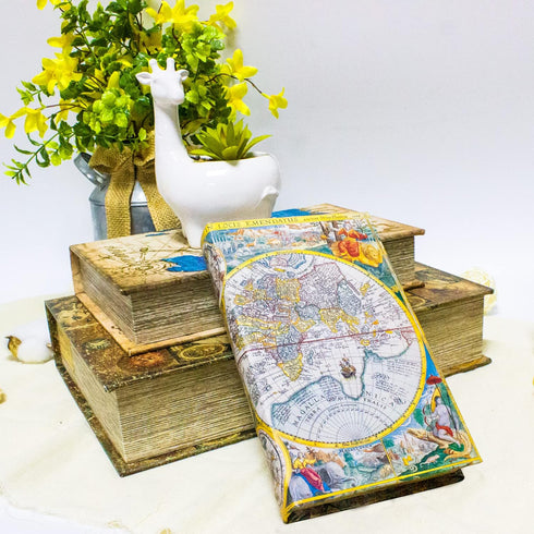 Decorative Book Box Set of 3, Faux Antique Trinket Keepsake Storage Box with Ancient World Map Pattern, Graduation Gift